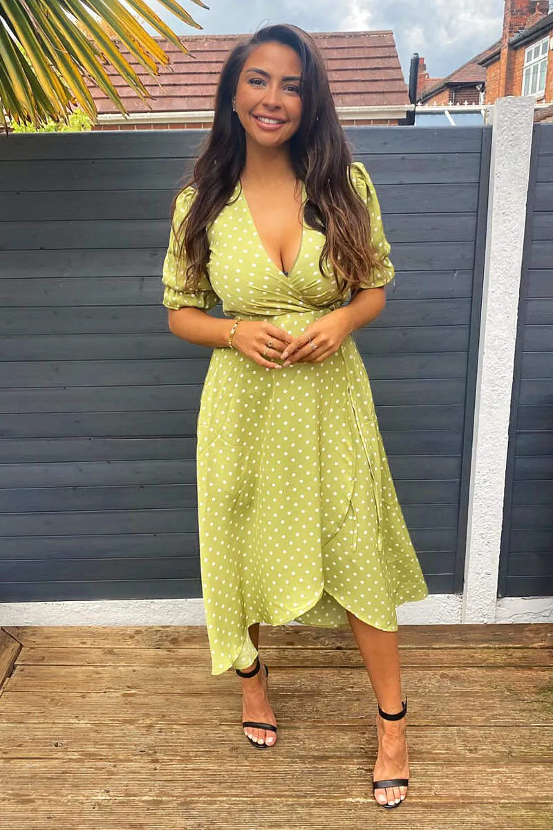 Olive Polka Dot Puff Sleeve Wrap Midi Dress sold by AX Paris