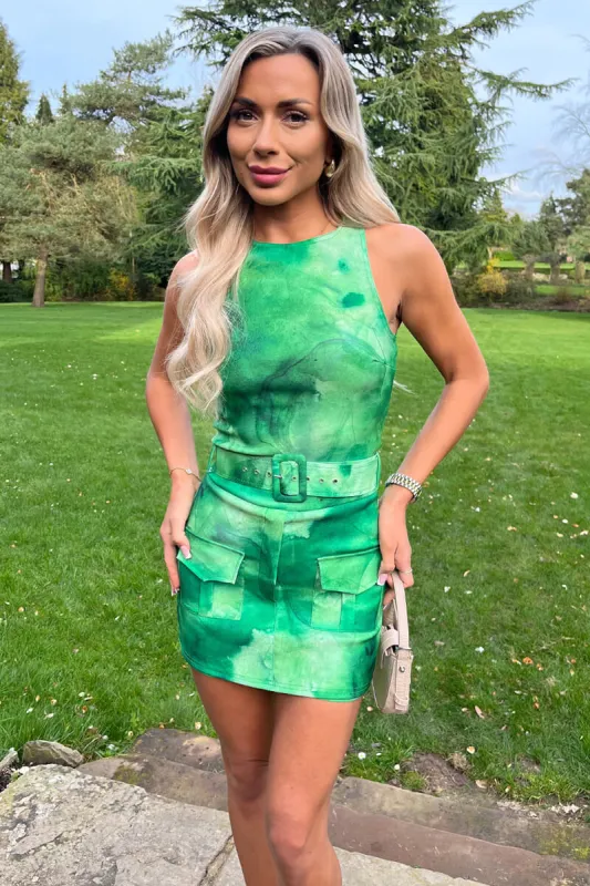 Green Tie Dye Round Neck Belted Skort Cargo Playsuit sold by AX Paris