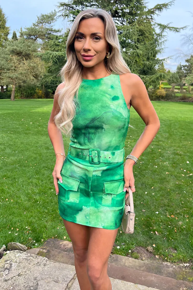 Green Tie Dye Round Neck Belted Skort Cargo Playsuit sold by AX Paris