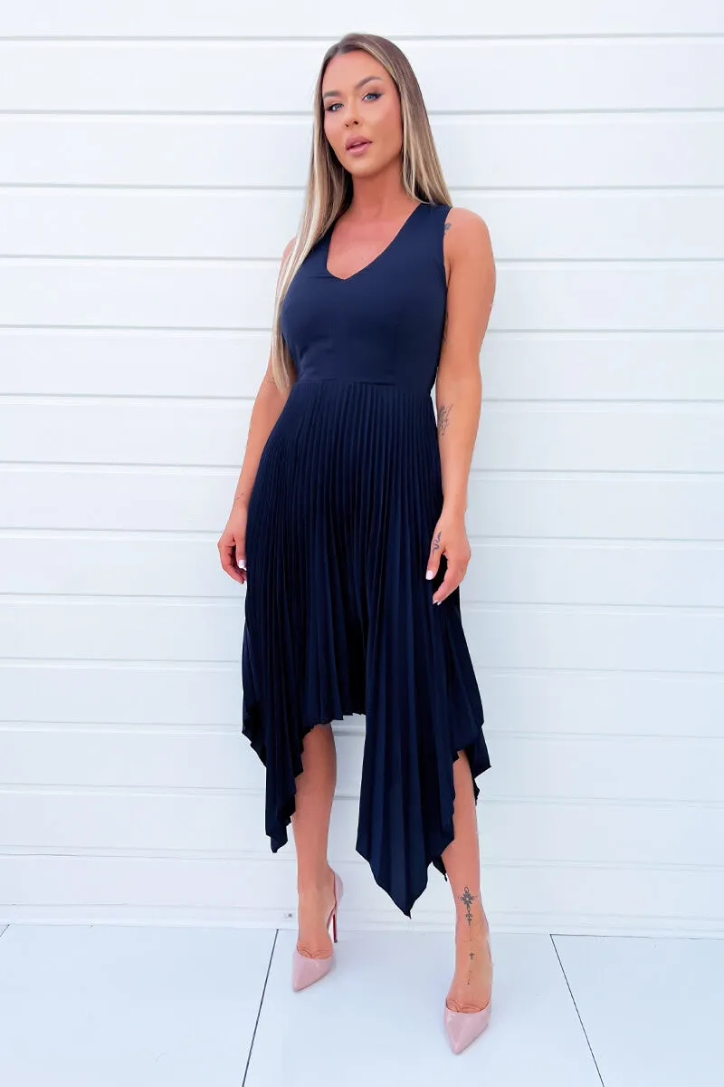 Navy V Neck Pleated Skirt Belted Waist Midi Dress sold by AX Paris product image thumbnail 2
