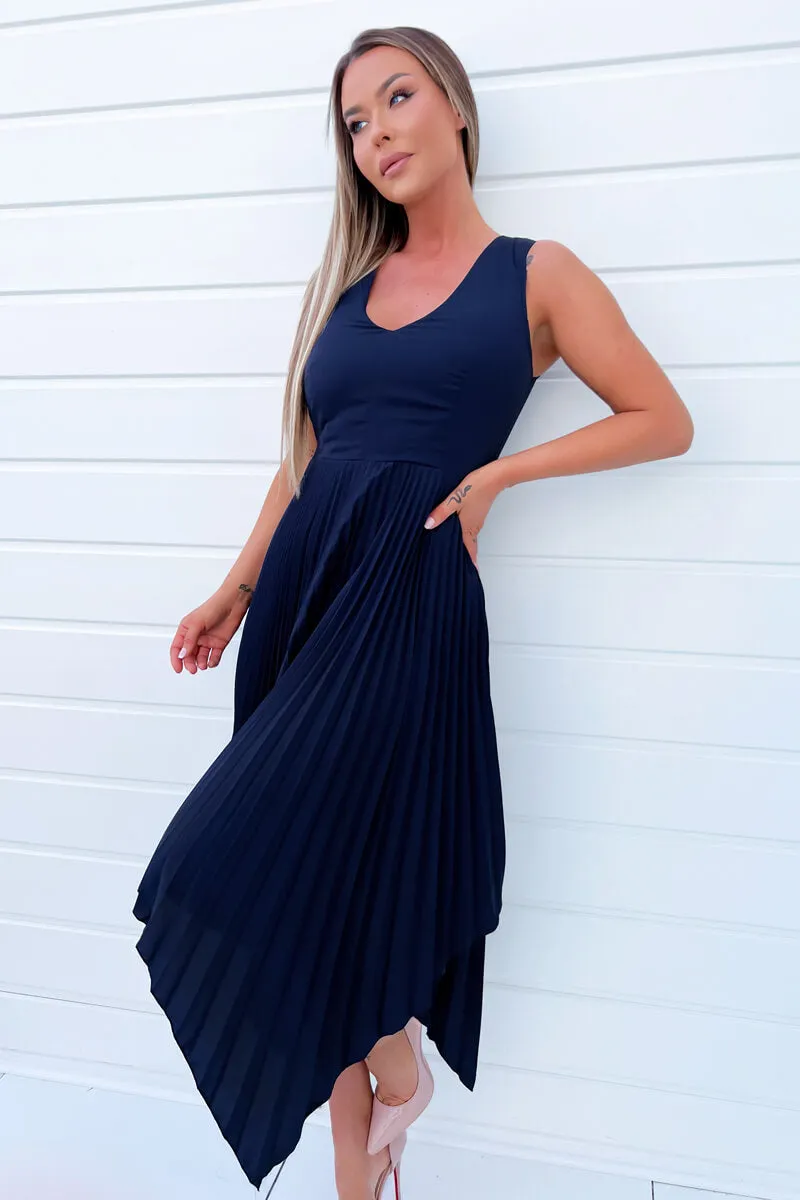 Navy V Neck Pleated Skirt Belted Waist Midi Dress sold by AX Paris product image thumbnail 3