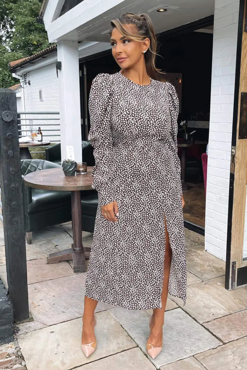 Brown Printed Long Sleeve Split Leg Midi Dress sold by AX Paris product image thumbnail 3