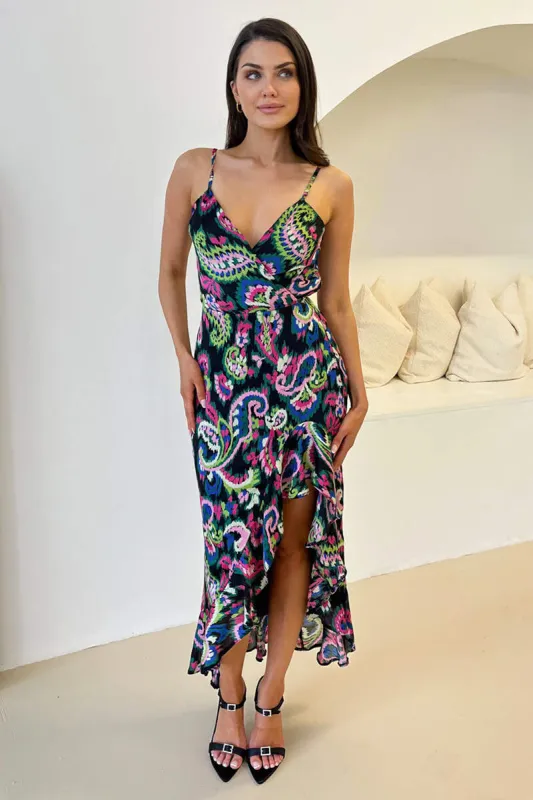 Multi Printed Wrap Over Strappy Midi Dress sold by AX Paris