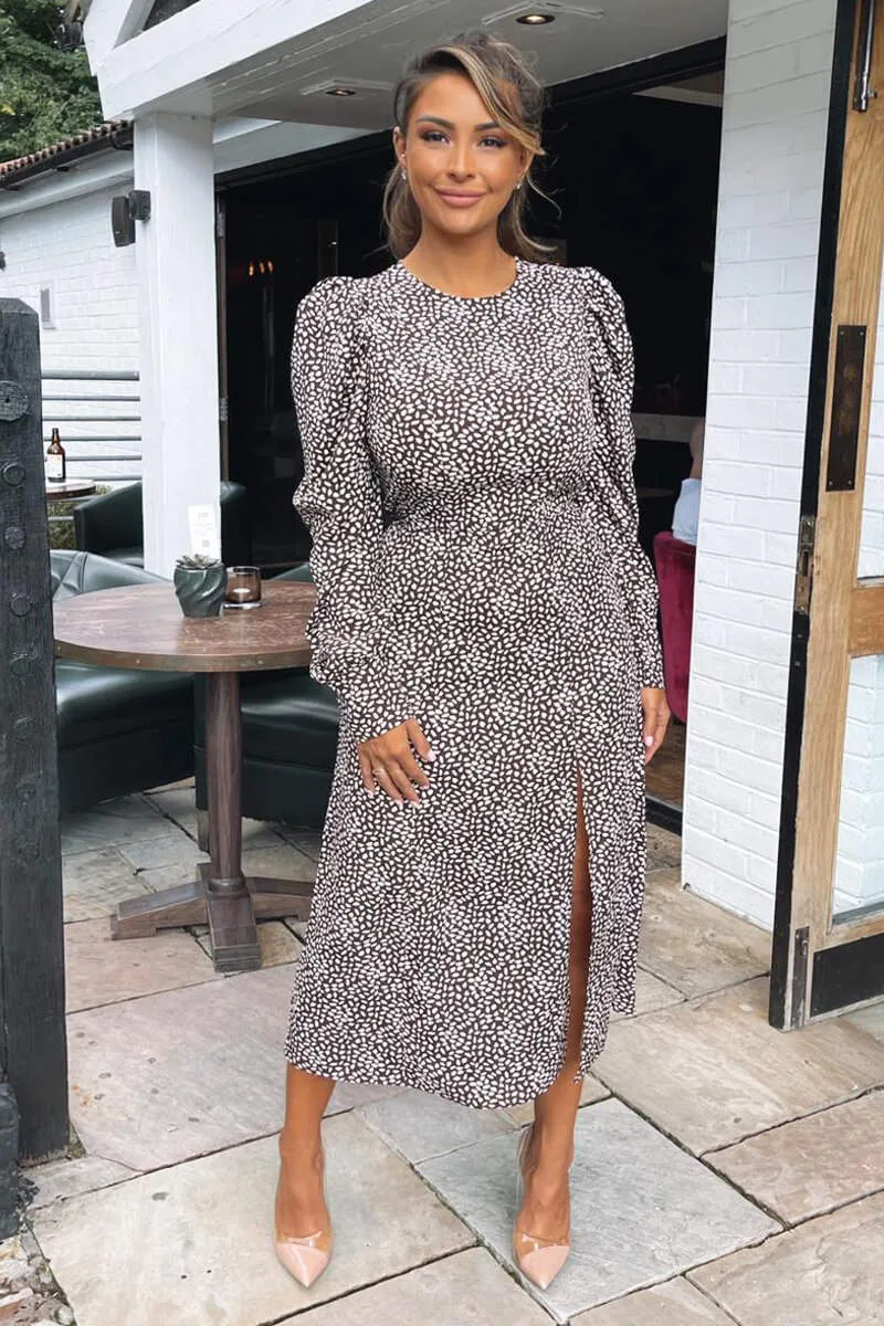 Brown Printed Long Sleeve Split Leg Midi Dress sold by AX Paris product image thumbnail 2