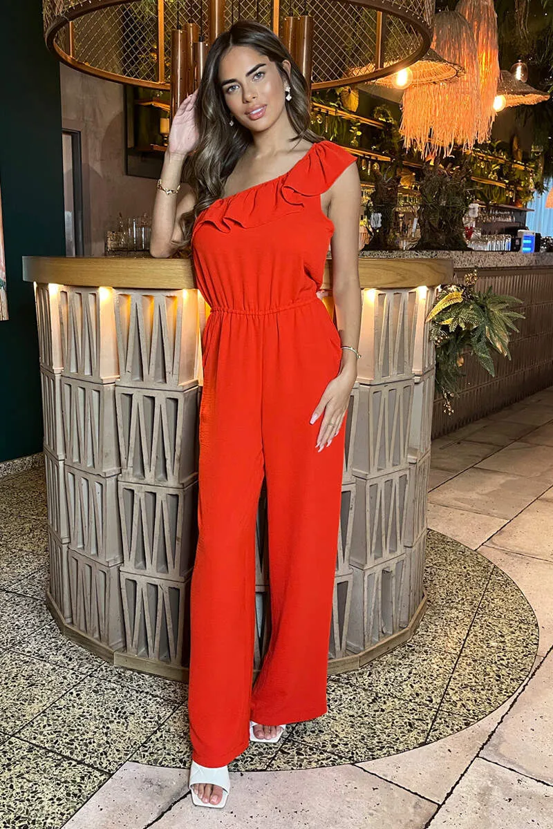Burnt Orange Frill One Shoulder Jumpsuit sold by AX Paris product image thumbnail 2