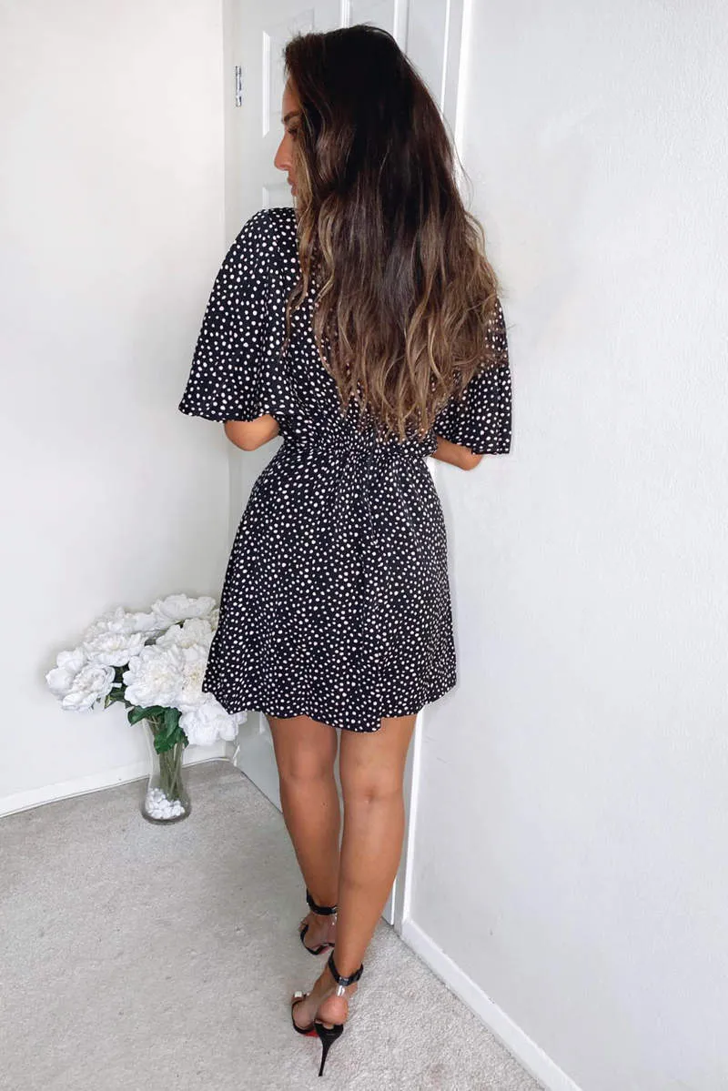 Black and Pink Polka Dot Pleated Wrap Dress sold by AX Paris product image thumbnail 4
