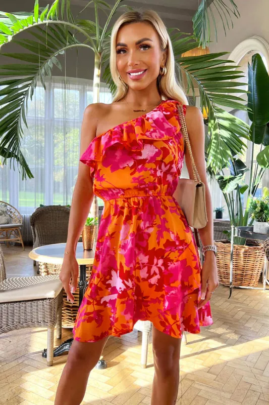 Pink And Orange Floral One Shoulder Frill Mini Dress sold by AX Paris