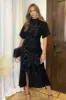Black Jacquard Velvet Asymmetrical Hem High Neck Midi Dress sold by AX Paris