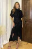Black Jacquard Velvet Asymmetrical Hem High Neck Midi Dress sold by AX Paris