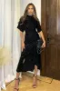 Black Jacquard Velvet Asymmetrical Hem High Neck Midi Dress sold by AX Paris