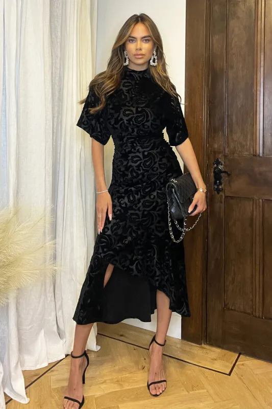 Black Jacquard Velvet Asymmetrical Hem High Neck Midi Dress sold by AX Paris