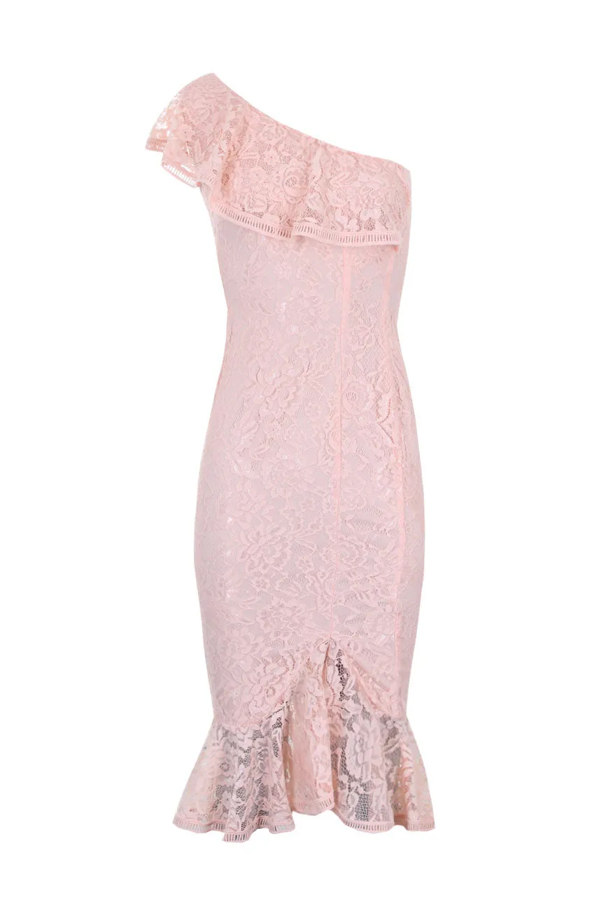 Blush Lace One Shoulder Frill Detail Midi Dress sold by AX Paris product image thumbnail 4