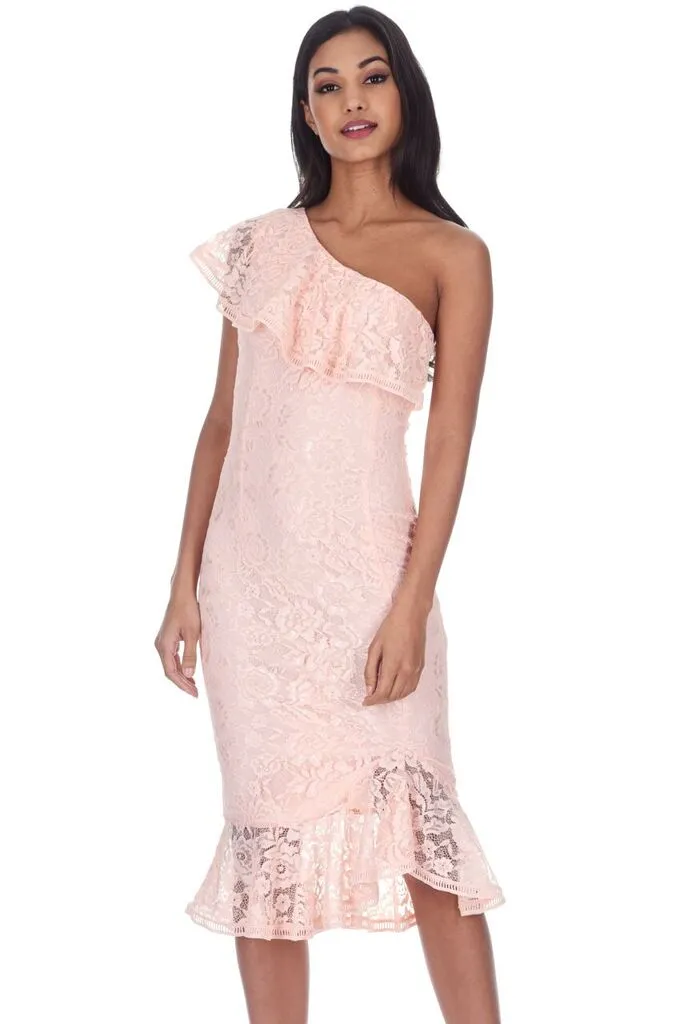 Blush Lace One Shoulder Frill Detail Midi Dress sold by AX Paris