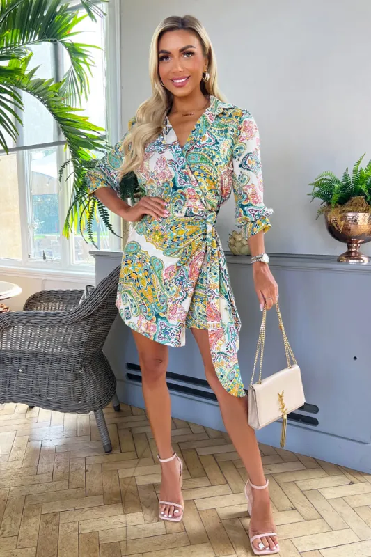 Green Paisley Multi Printed 3/4 Sleeve Wrap Tie Mini Dress sold by AX Paris