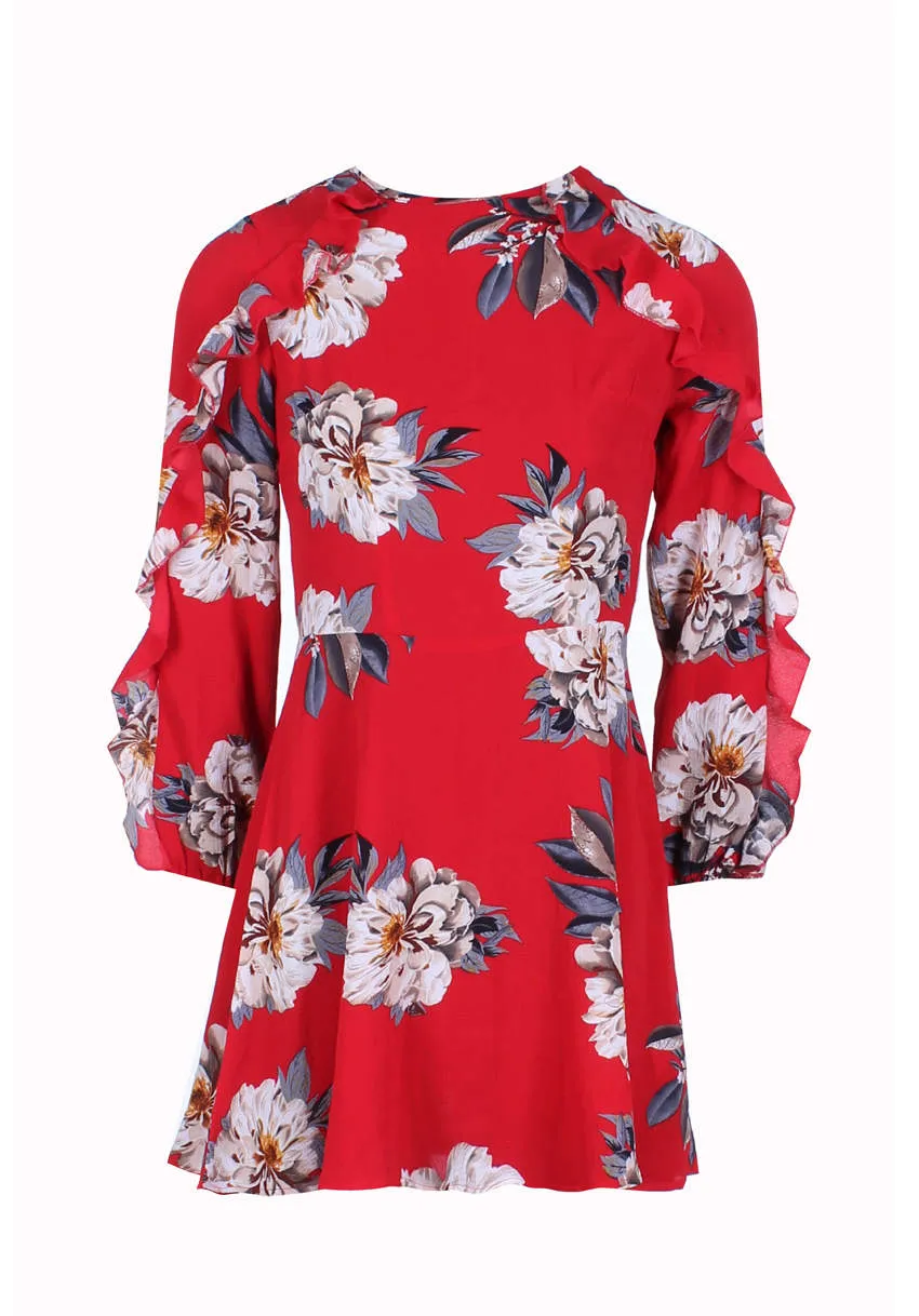 Red Floral Skater Dress With Frill Detail sold by AX Paris product image thumbnail 4