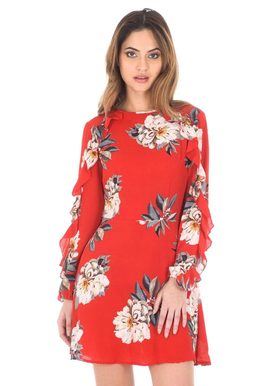 Red Floral Skater Dress With Frill Detail sold by AX Paris