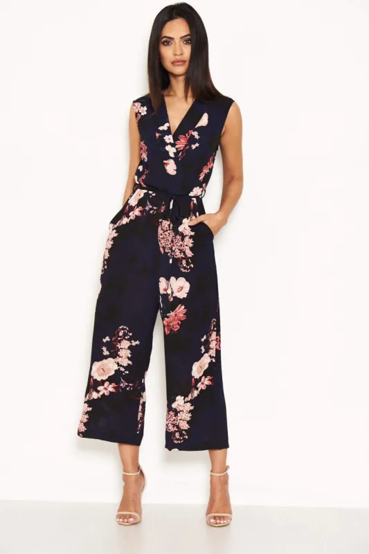 Navy Floral Culotte Jumpsuit With V Neck sold by AX Paris