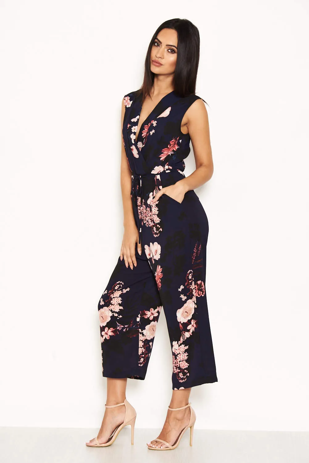 Navy Floral Culotte Jumpsuit With V Neck sold by AX Paris product image thumbnail 2