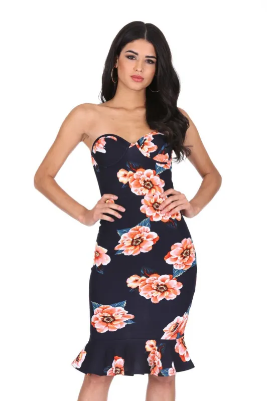Navy Floral Frill Hem Bandeau Dress sold by AX Paris