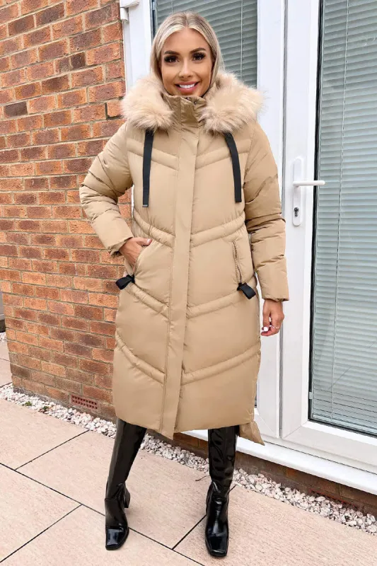 Biscuit Faux Fur Trim Hooded Puffer Coat sold by AX Paris