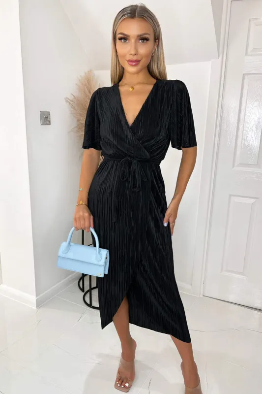 Black Wrap Top Belted Short Sleeve Plisse Midi Dress sold by AX Paris