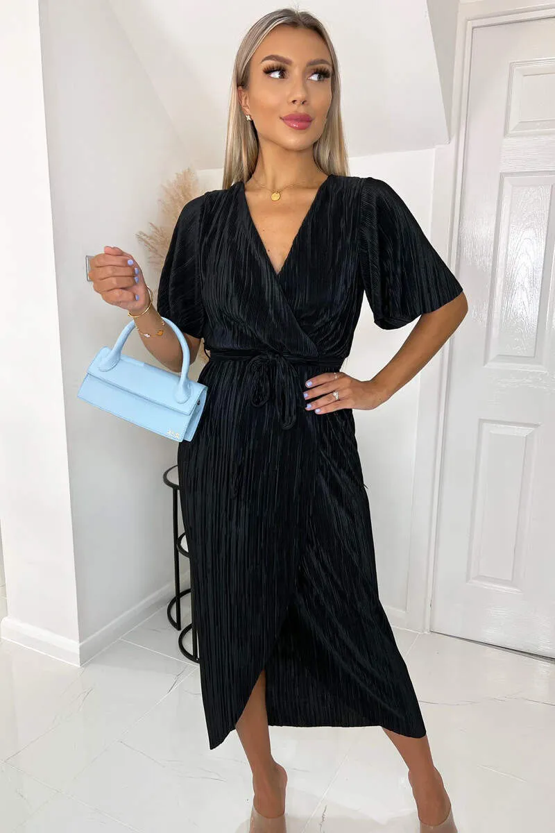 Black Wrap Top Belted Short Sleeve Plisse Midi Dress sold by AX Paris product image thumbnail 2