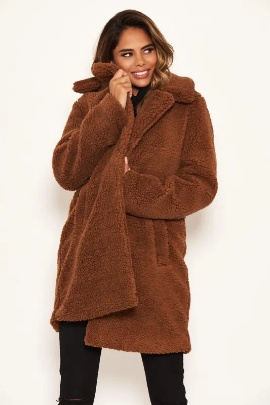 Brown Teddy Faux Fur Coat With Collar sold by AX Paris