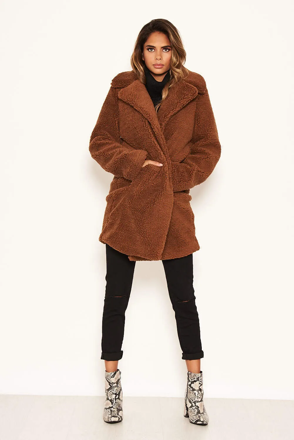 Brown Teddy Faux Fur Coat With Collar sold by AX Paris product image thumbnail 2