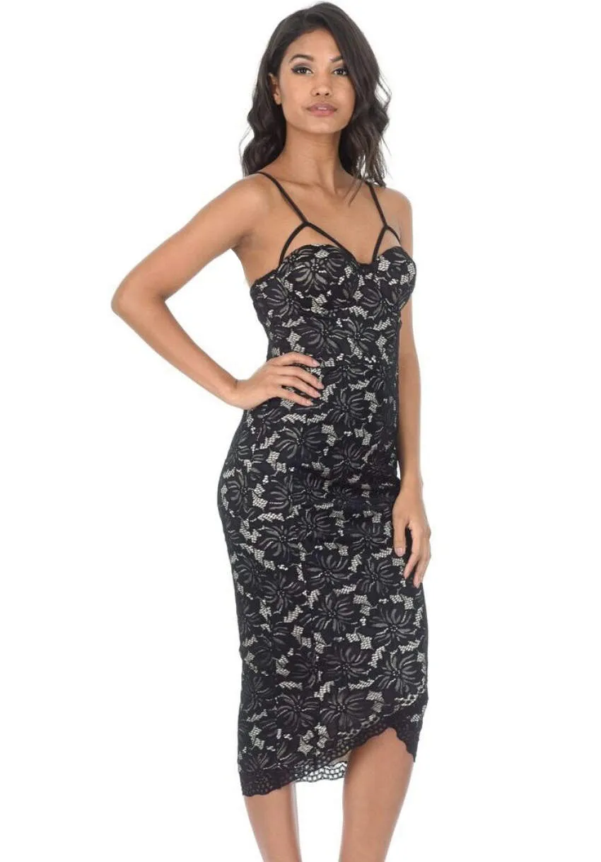 Black And Nude Contrast Lace Wrap Dress sold by AX Paris
