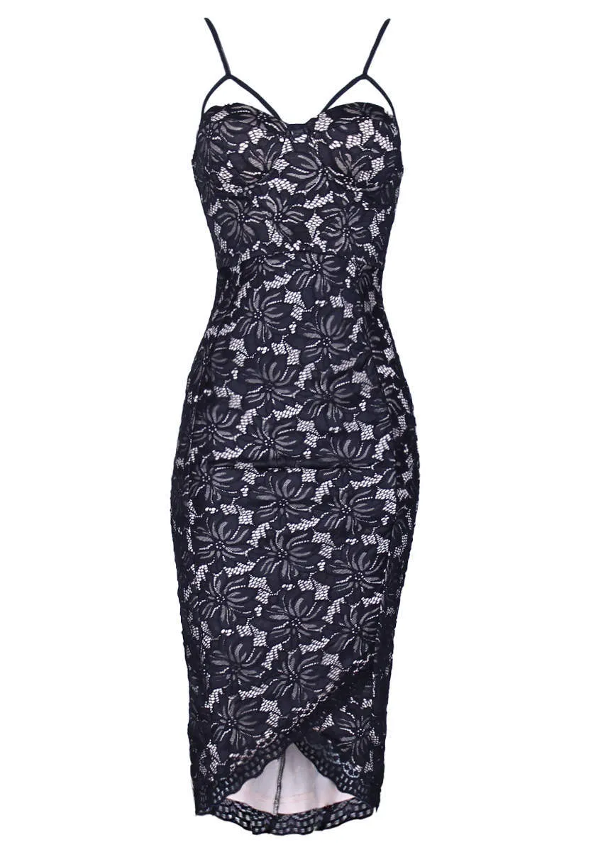 Black And Nude Contrast Lace Wrap Dress sold by AX Paris product image thumbnail 4