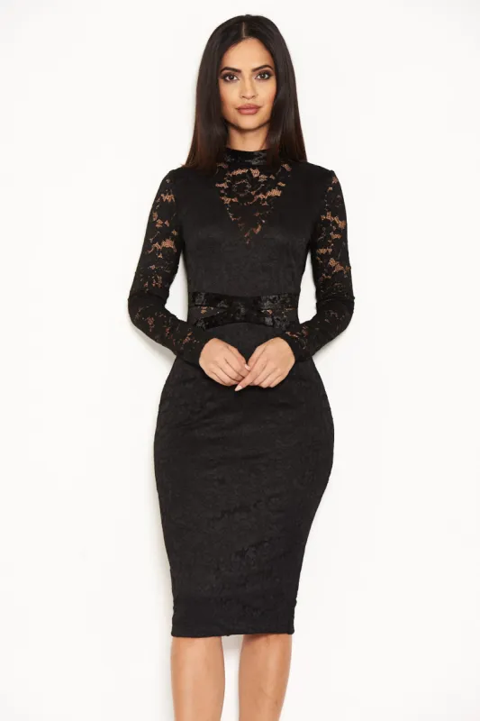 Black Lace Velvet Waist Midi Dress sold by AX Paris