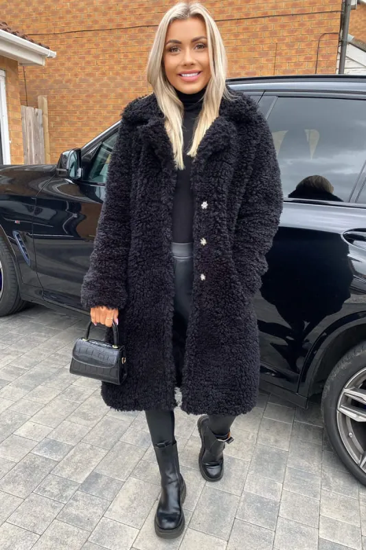 Black Long Line Teddy Faux Fur Coat sold by AX Paris