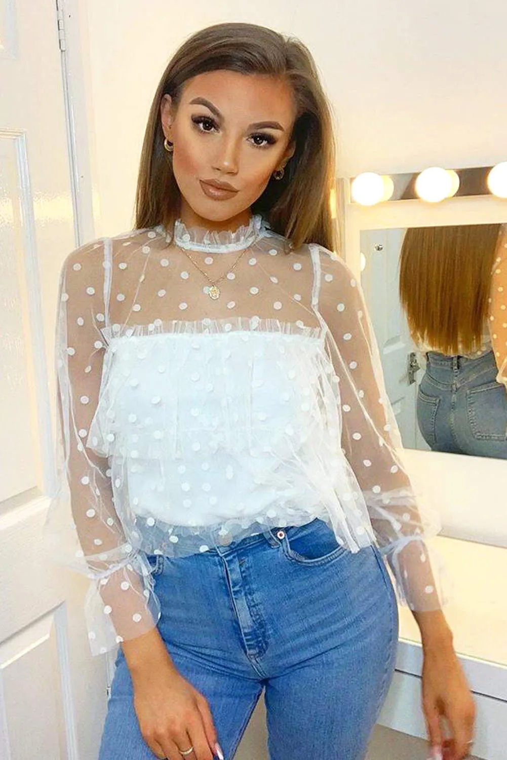 Cream Mesh Polka Dot Frill Top sold by AX Paris