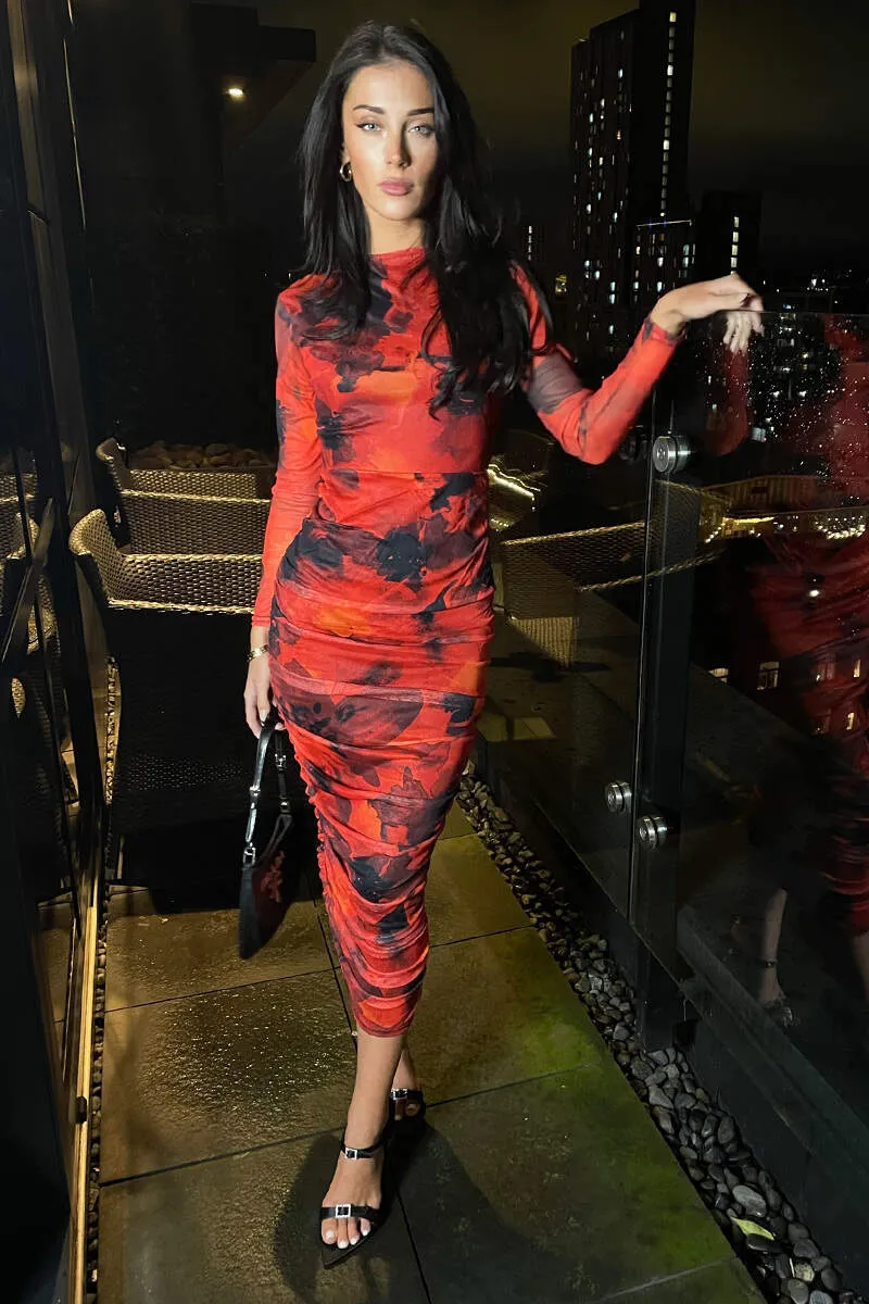 Red Printed Mesh Long Sleeve Bodycon Midi Dress sold by AX Paris product image thumbnail 2
