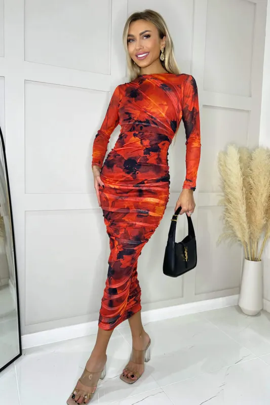 Red Printed Mesh Long Sleeve Bodycon Midi Dress sold by AX Paris