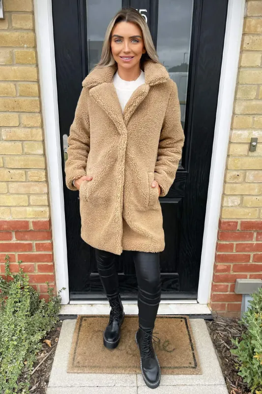 Caramel Teddy Faux Fur Coat With Collar sold by AX Paris