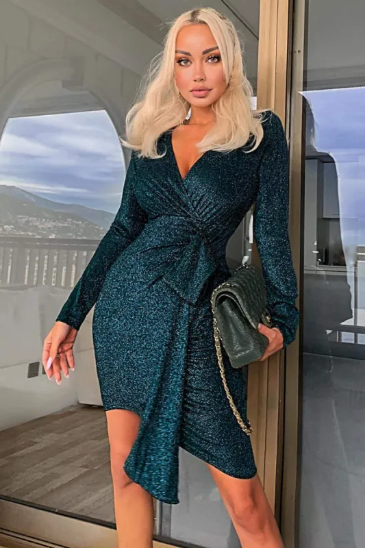 Teal Glitter Wrap Over Dress sold by AX Paris