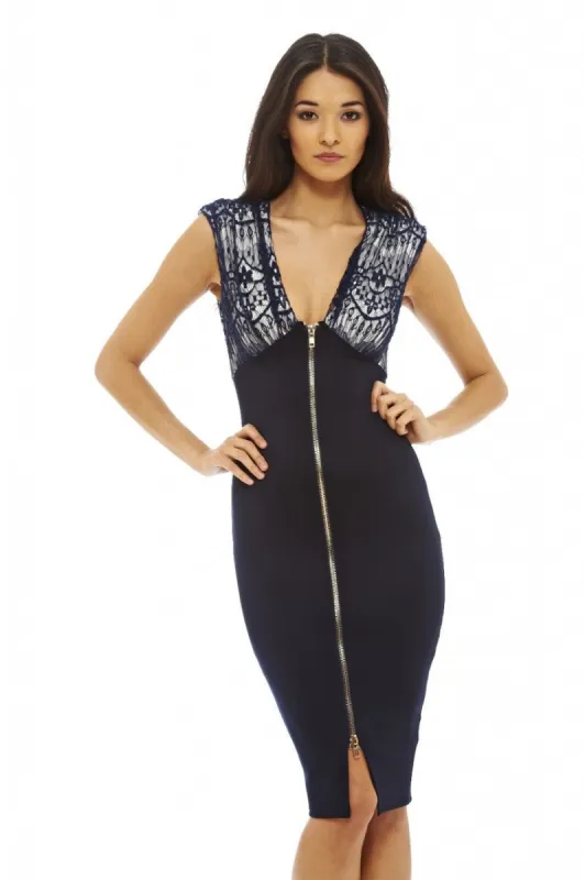 Lace Zip Front Bodycon Dress sold by AX Paris