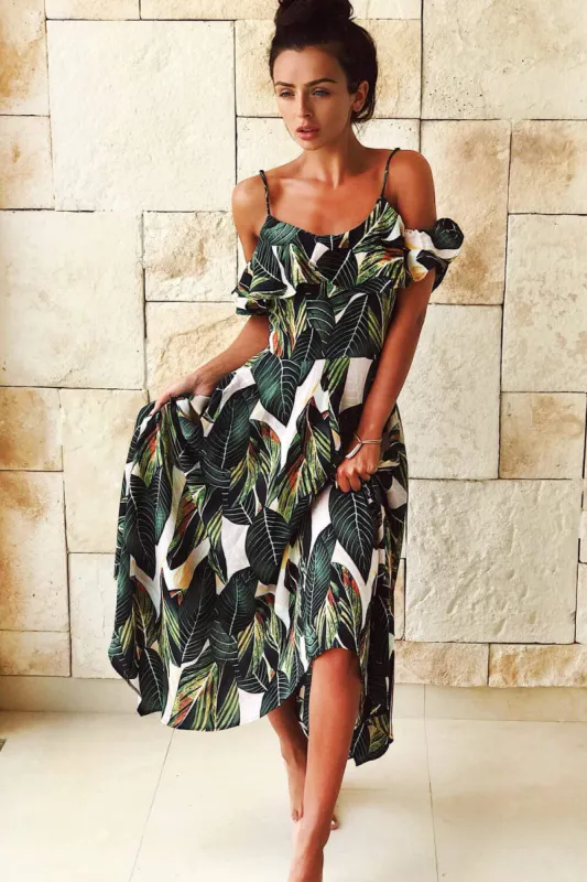 Leaf Print Frill Detail Maxi Dress sold by AX Paris