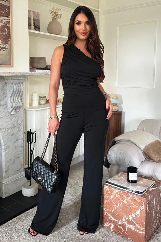 Black One Shoulder Ruched Top Slinky Jumpsuit sold by AX Paris