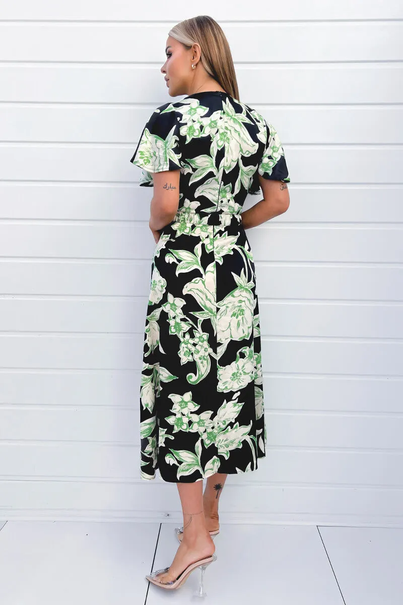 Multi Green And Black Floral Printed Short Sleeve Belted Wrap Midi Dress sold by AX Paris product image thumbnail 4