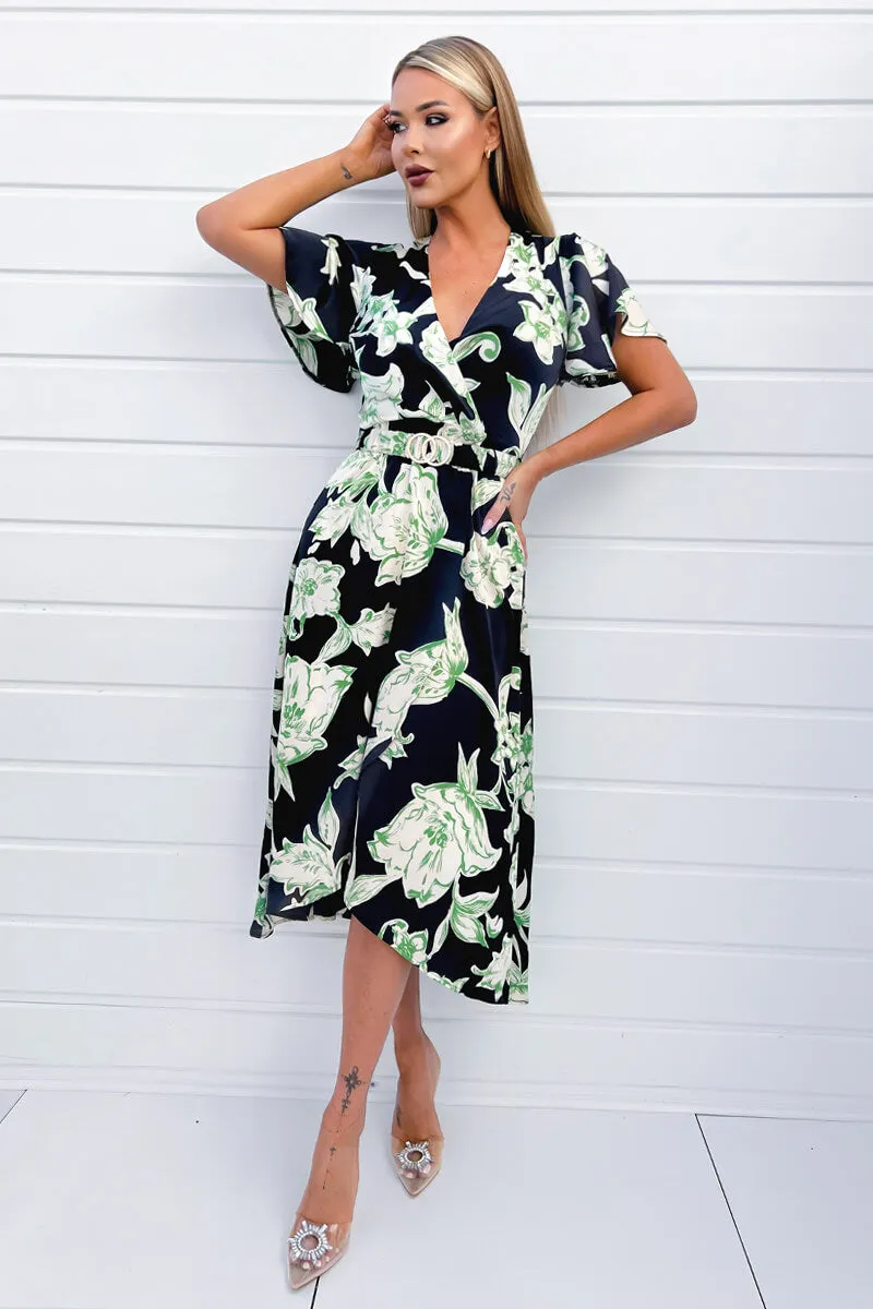 Multi Green And Black Floral Printed Short Sleeve Belted Wrap Midi Dress sold by AX Paris product image thumbnail 2