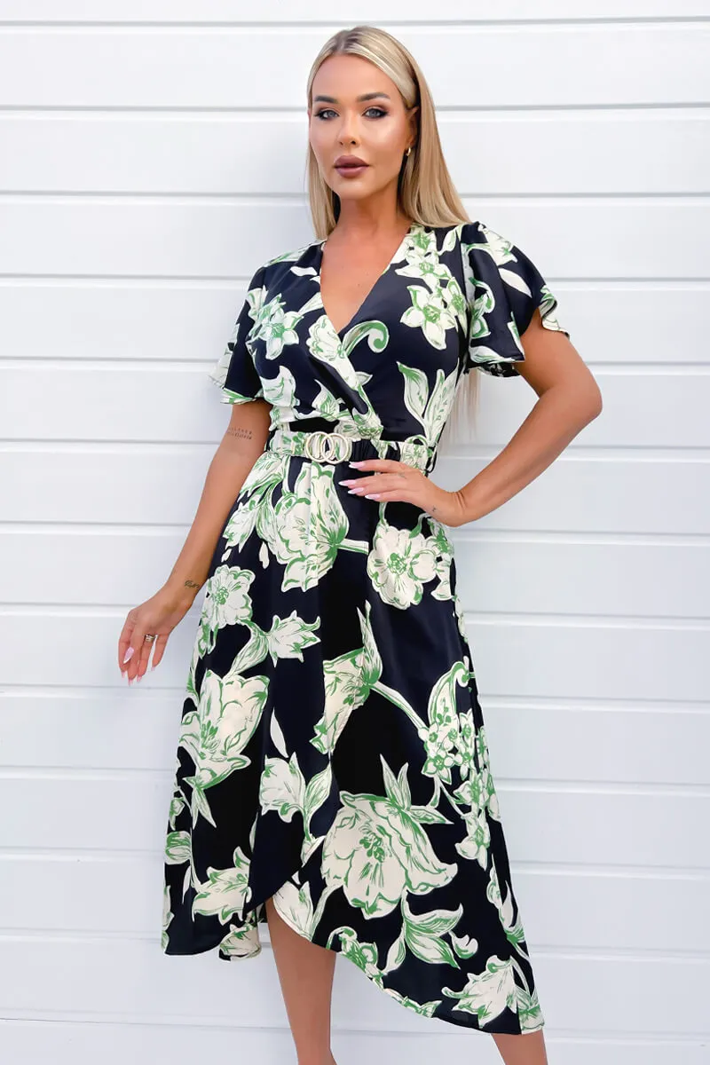Multi Green And Black Floral Printed Short Sleeve Belted Wrap Midi Dress sold by AX Paris product image thumbnail 3