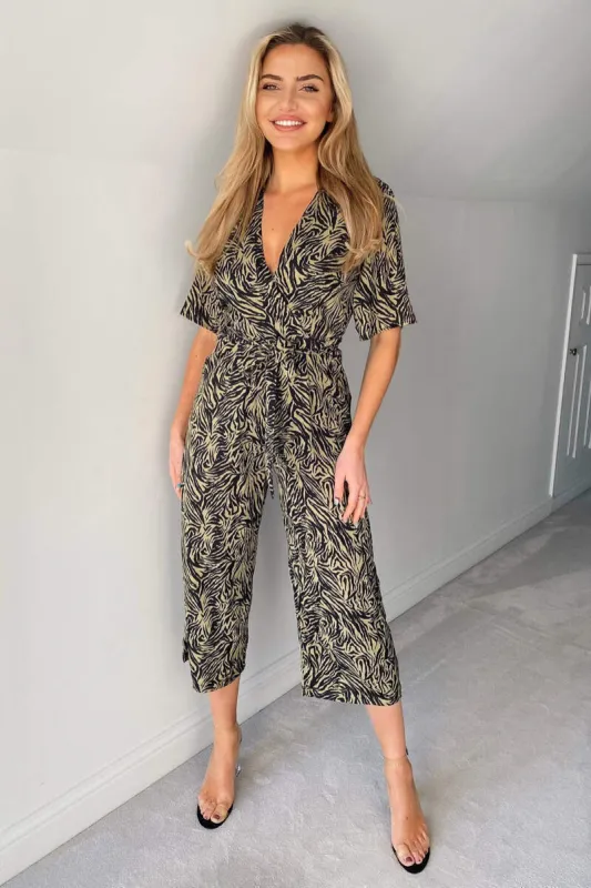 Khaki Animal Printed Wrap Jumpsuit sold by AX Paris