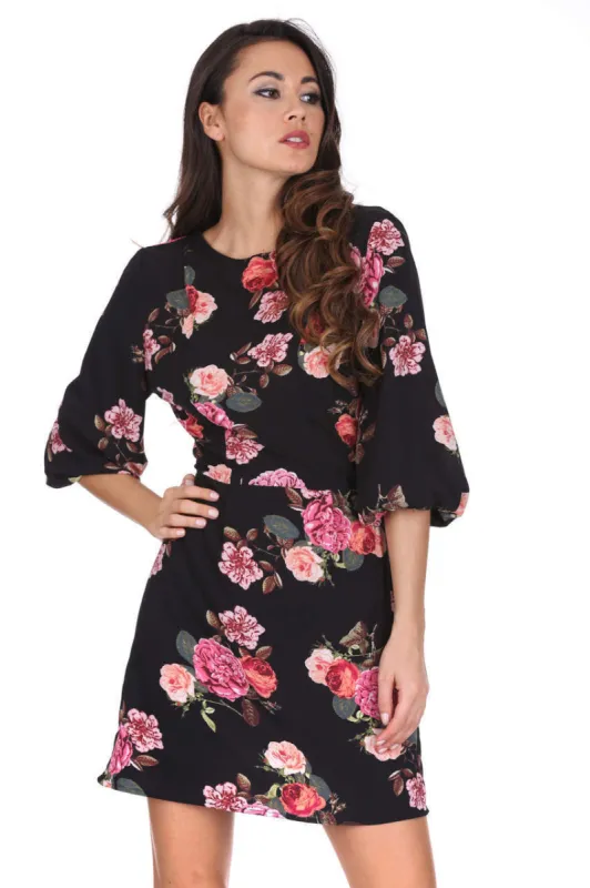Black Floral Ruched Sleeve Dress sold by AX Paris