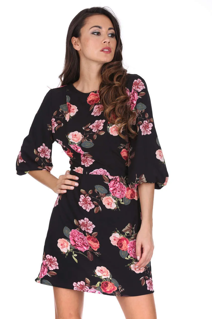 Black Floral Ruched Sleeve Dress sold by AX Paris