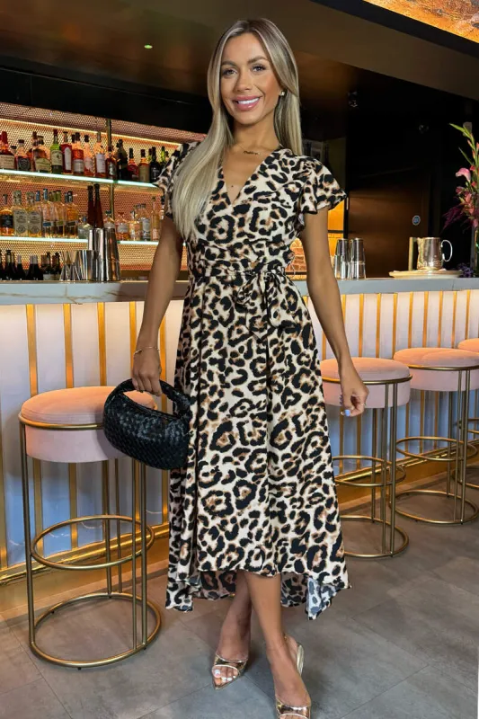 Multi Leopard Print Short Sleeve Belted Wrap Midi Dress sold by AX Paris