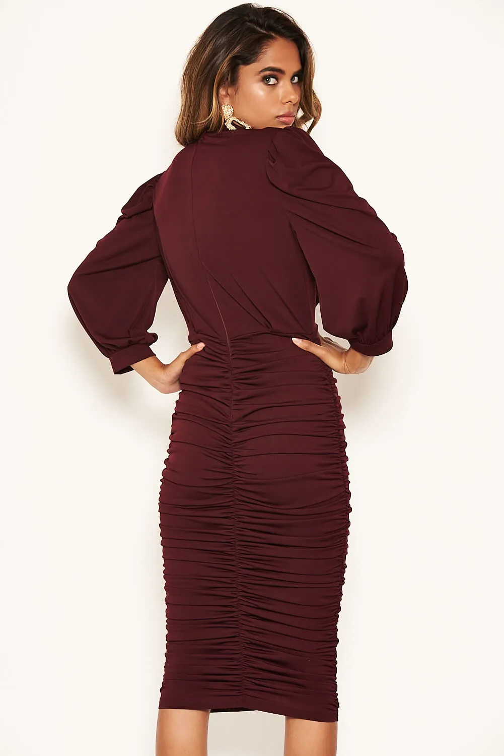 Plum High Neck Ruched Midi Dress sold by AX Paris product image thumbnail 5