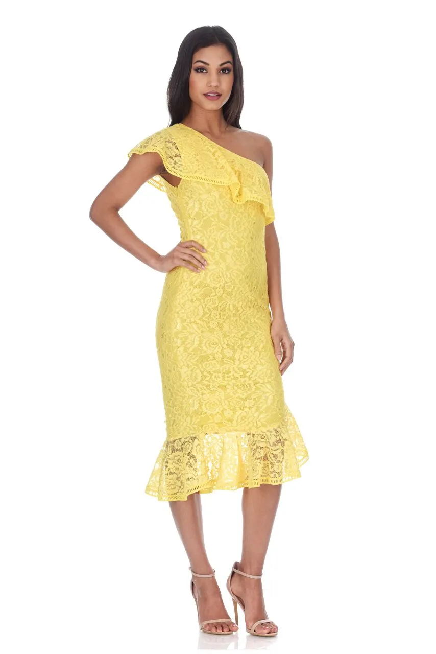 Yellow Lace One Shoulder Frill Detail Midi Dress sold by AX Paris product image thumbnail 2