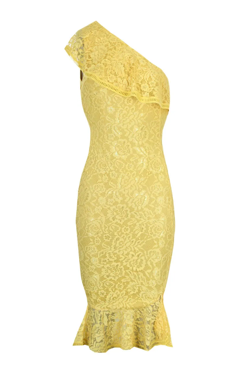 Yellow Lace One Shoulder Frill Detail Midi Dress sold by AX Paris product image thumbnail 4